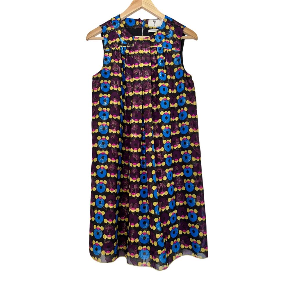 Anna Sui Colorful Metallic Sleeveless Party Disco Shift Dress- Size Small